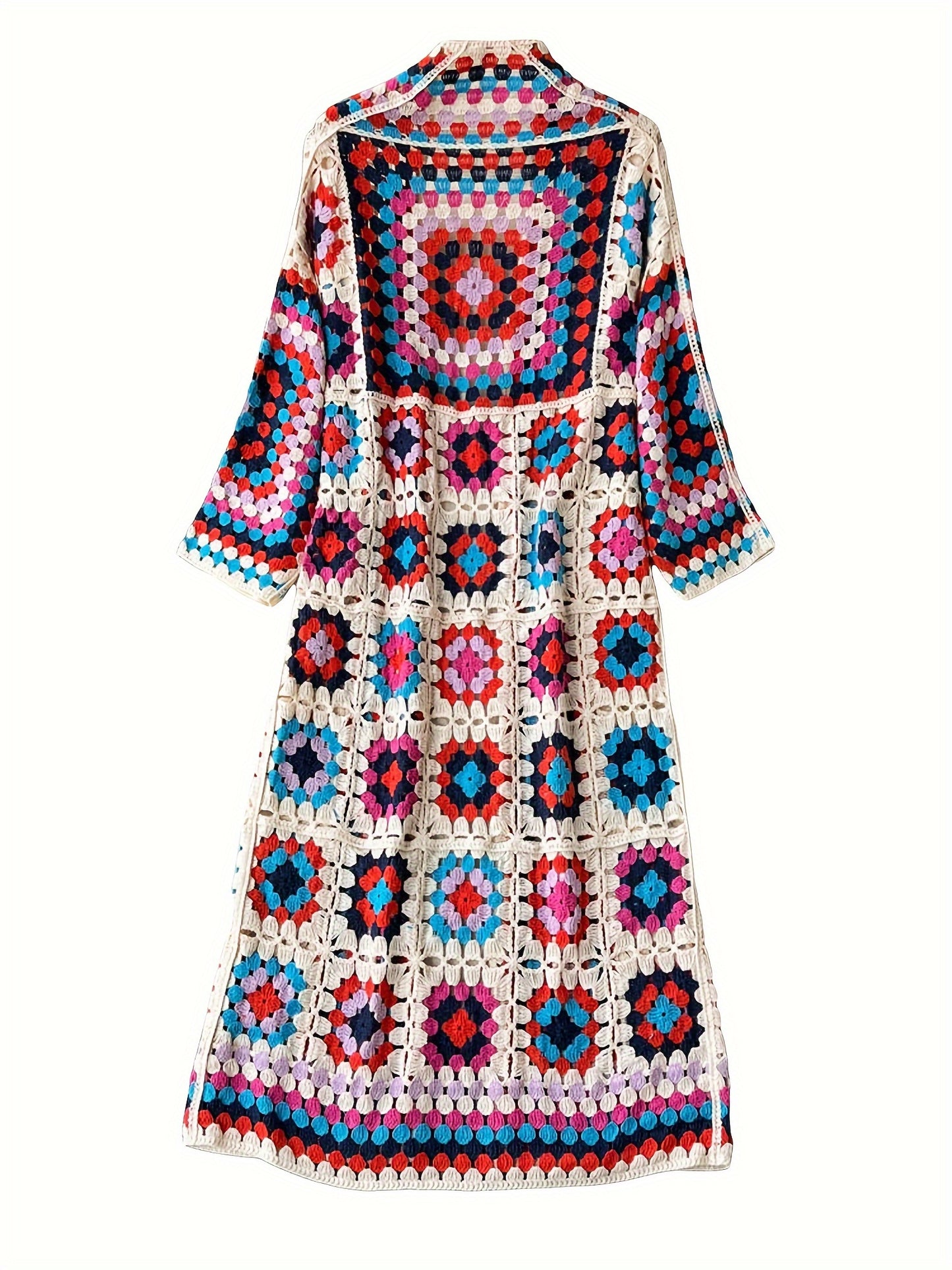 Women's Bohemian Crochet Floral Cardigan - Open Front Long Sleeve Lace Sweater with Vibrant Floral Print, Machine Washable All-Season Casual Outwear Coat, Crochet Cardigan, Stylish Layering, Detailed Craftsmanship