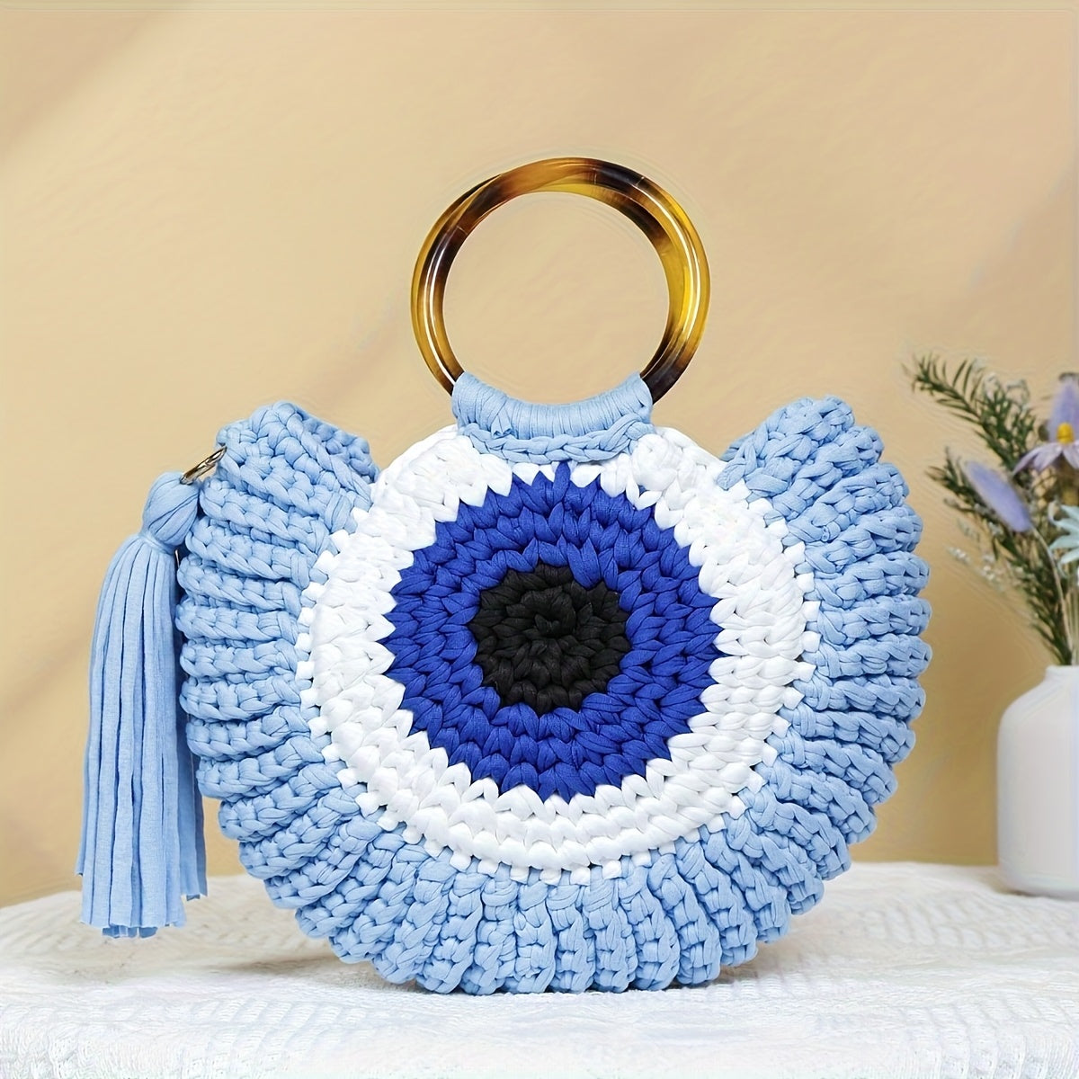 Handmade Crochet Large Capacity Bohemian Tote Bag,Eye-catching Geometric Patterns and Strap Details,Perfect for travel and outdoor activities