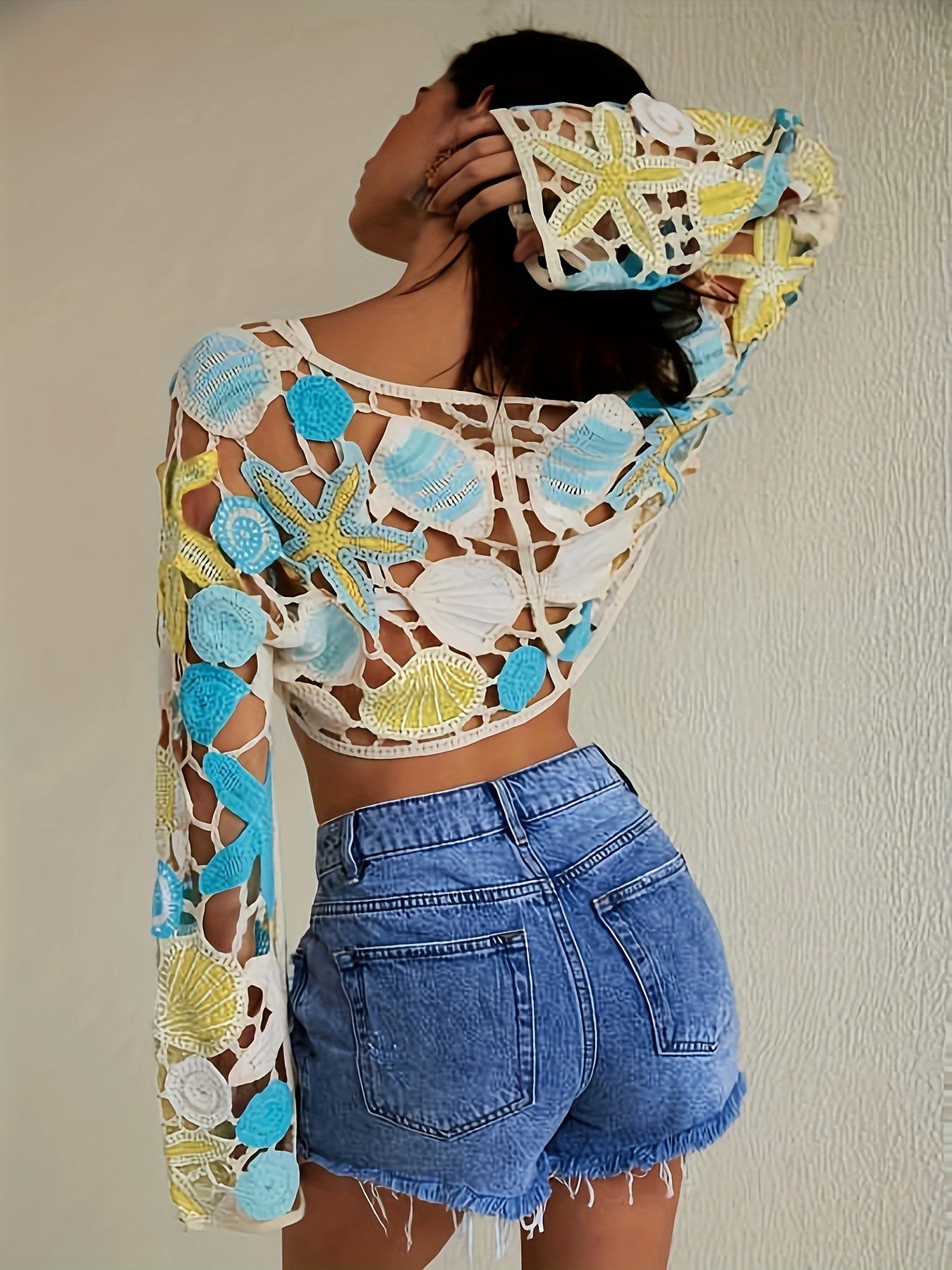 Women'S Bohemian Crochet Crop Top with Starfish & Seashell Design - V-Neck, Non-Stretch Fabric, Hollow Detail, Fashionable Beachwear with Drawstring Detail, Beach Coverup | Crochet Crop Top | Non-Stretch Fabric