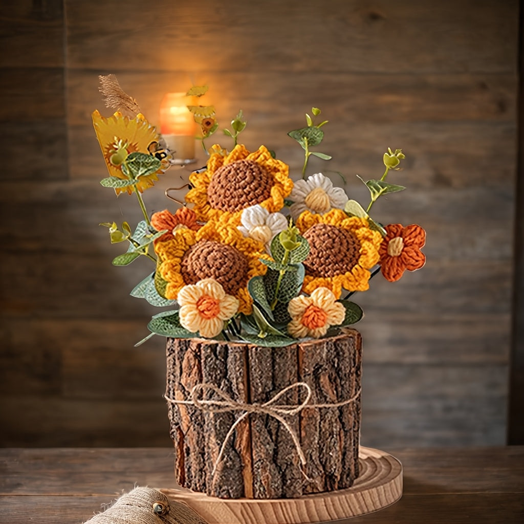 1 Handmade Crochet Sunflower Bouquet,Suitable for home decoration and desktop display,Simulated Polyester Flower,Christmas、Halloween、Easter、Thanksgiving Day、Seasonal Decorations for Valentine's Day and Mother's Day - No Battery Required