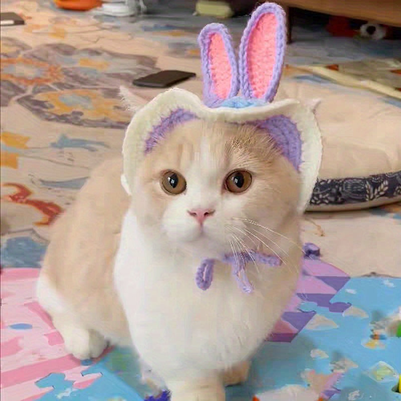 2Elegant Crochet Cat Hat with Bunny Ears,Ruffled edges and floral decorations - 100% Polyester Pet Clothing for Small to Medium Cats - Birthday、Holiday and Travel Photography Accessories - Comfortable Pet Clothing,Cute Bunny Theme,Comfortable Close-Fittin