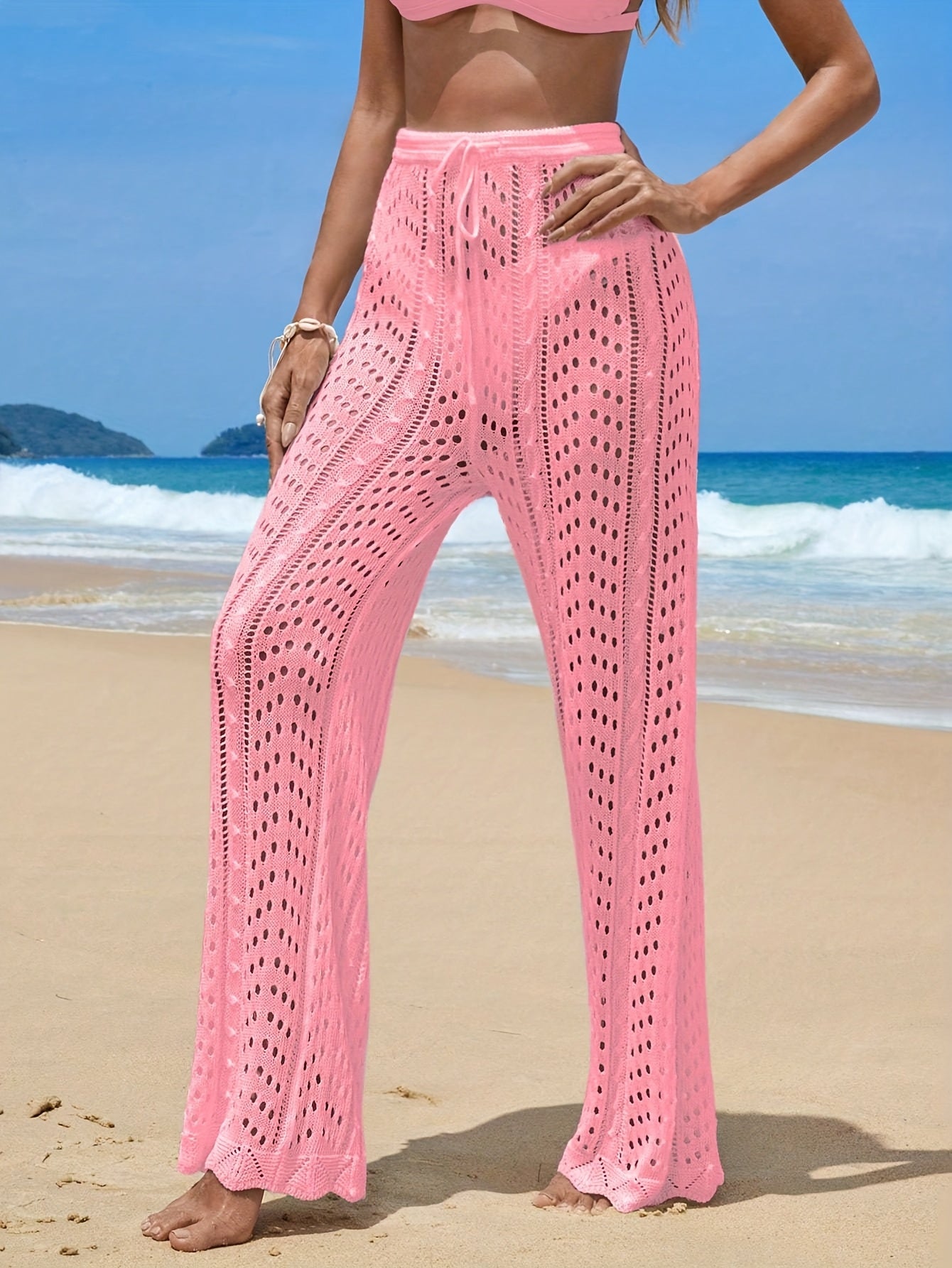 Women's Summer Beach Vacation Crochet Pants - Lightweight Semi-Sheer Loose-Fit Elastic Waist Straight-Leg with Breathable Cut-Out Design, Vibrant Pink Casual Long Pants for Adults, Beach Clothes, Summer Clothing, Airy Texture Apparel