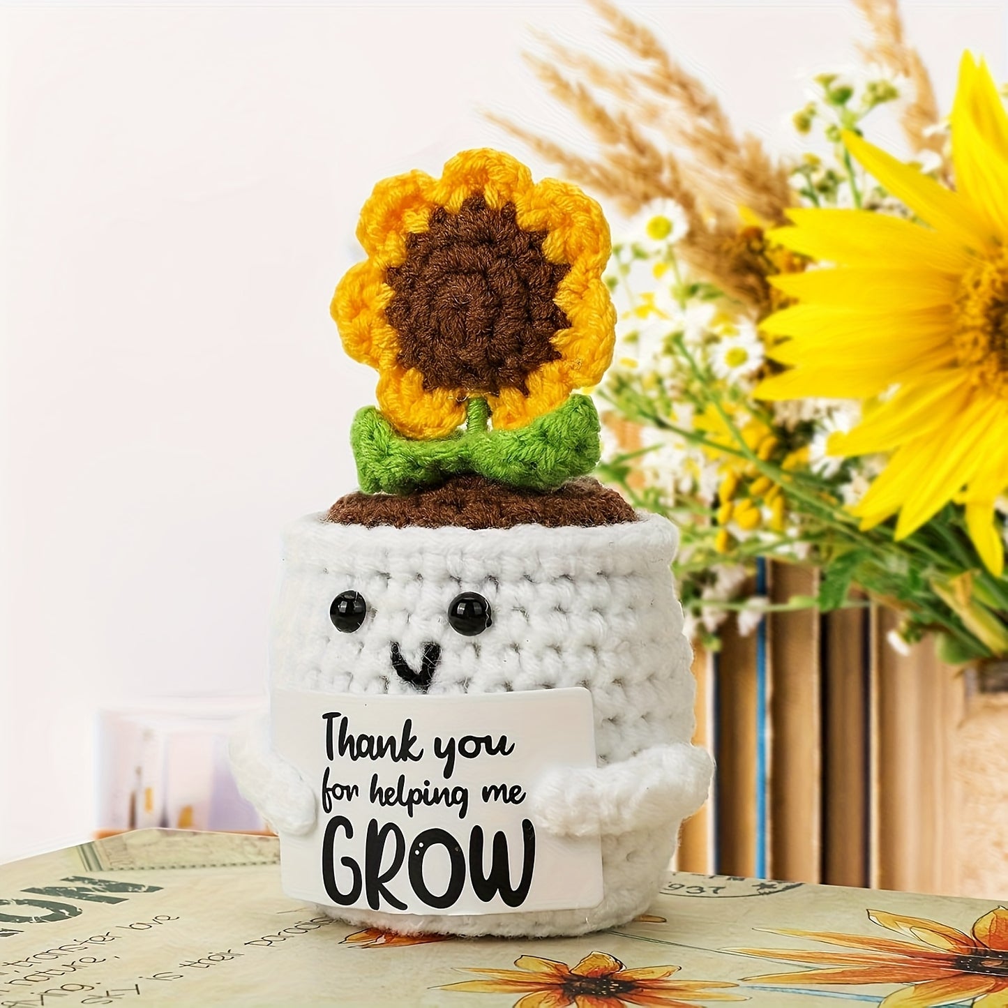 Handmade Crochet Sunflower Doll with Inspirational Card - Fabric Positivity Gift for Coworker, Friend, Teacher, Sister, Mom - Christmas, Birthday, Thank You Present for Women & Men - Home Decor No Electricity Needed, Crochet Doll