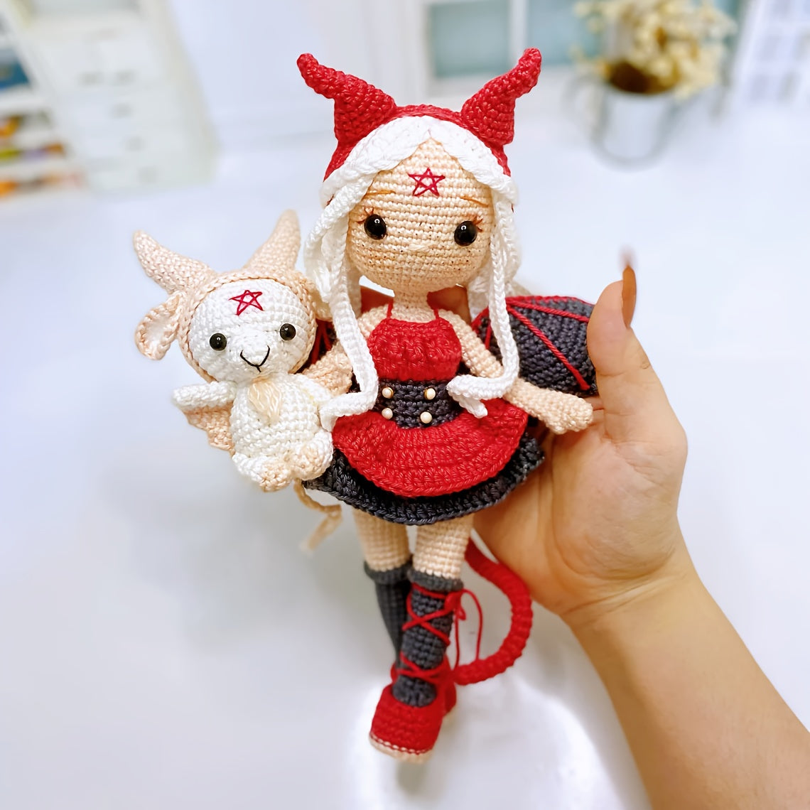 2Pieces/Set,Amigurumi Adult Crochet DIY,Red and White Witch and Little Devil,Suitable for Beginners,Includes all necessary materials for crochet,Paper English Basic Knitting Tutorial Manual,Exquisite Gift Bag,Healing Character Figurines,Can be used as a k