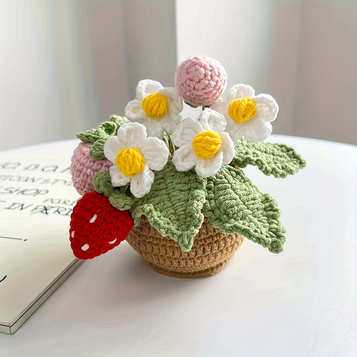 1Handwoven Strawberry and White Flower Pot Plant - Eternal Fabric Flowers,Lucky Strawberry for Car and Home Decoration