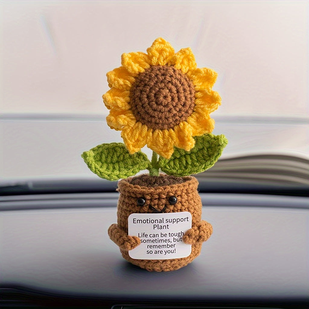 Handmade Crochet Sunflower Potted Plant with Inspirational Quotes - Rainbow Smiley Face Artificial Flower,Home、Office or desktop decoration - Mother's Day、Perfect choice for Valentine's Day or graduation gifts