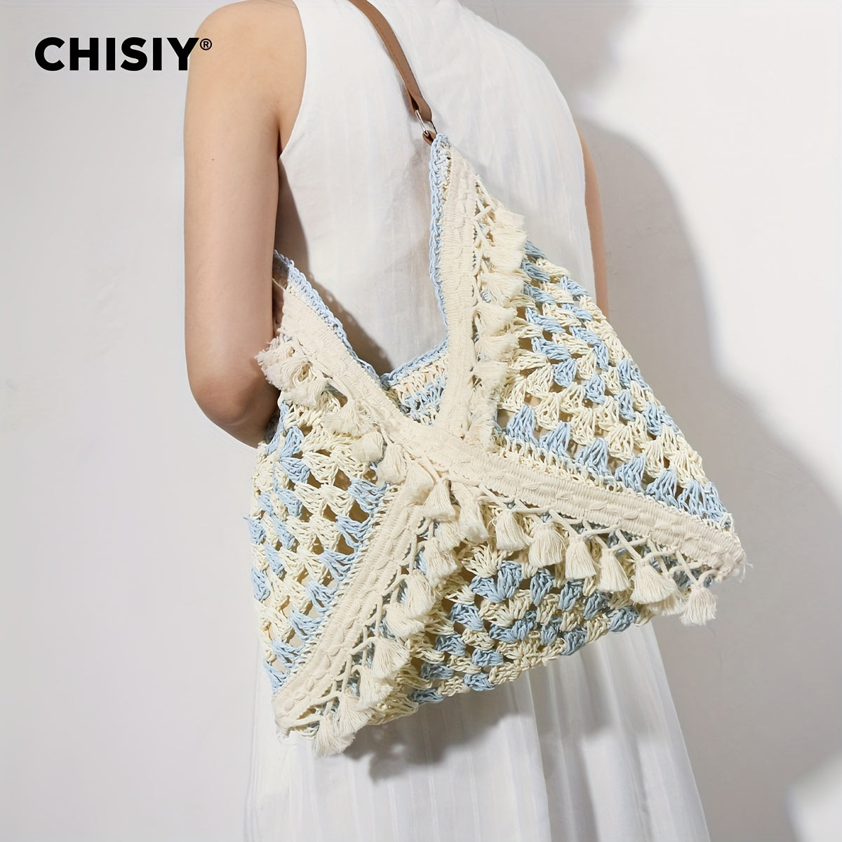 CHISIY Handmade Crochet Beach Tote Bag - Light Blue and White Woven Straw Shoulder Bag,Zipper Closure,Casual summer style suitable for women,Beach bag,Vacation Accessories,Woven Texture