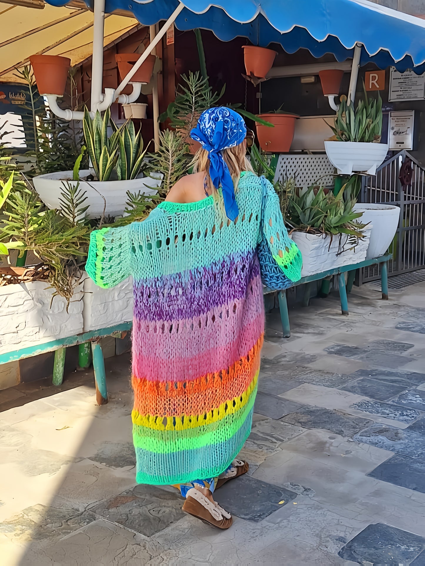 Luxurious hand- colorful Women's warm coat gradient bright color retro lantern sleeve ribbon cardigan fashionable boho long chic Women's coat Swimsuit Cover-ups K12