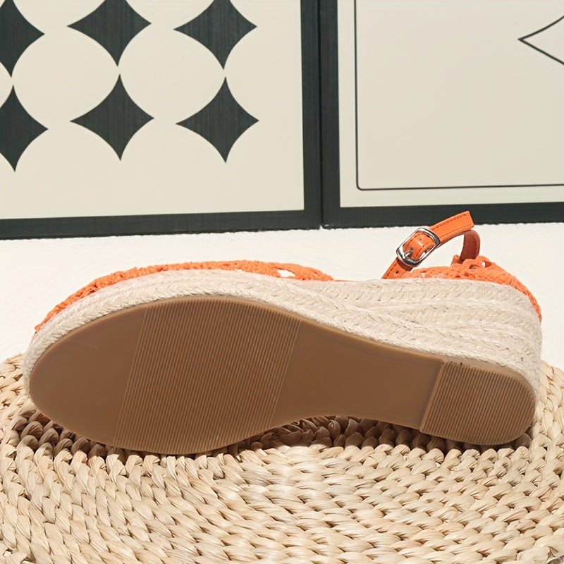 Elegant Women'S Fashionable Flat Sandals - Orange Crochet Design, Thick Sole, Ankle Strap with Buckle, Round Toe, Comfortable High-Heel Sandals for Summer, Casual Footwear | Crochet Sandals | Platform Sandals
