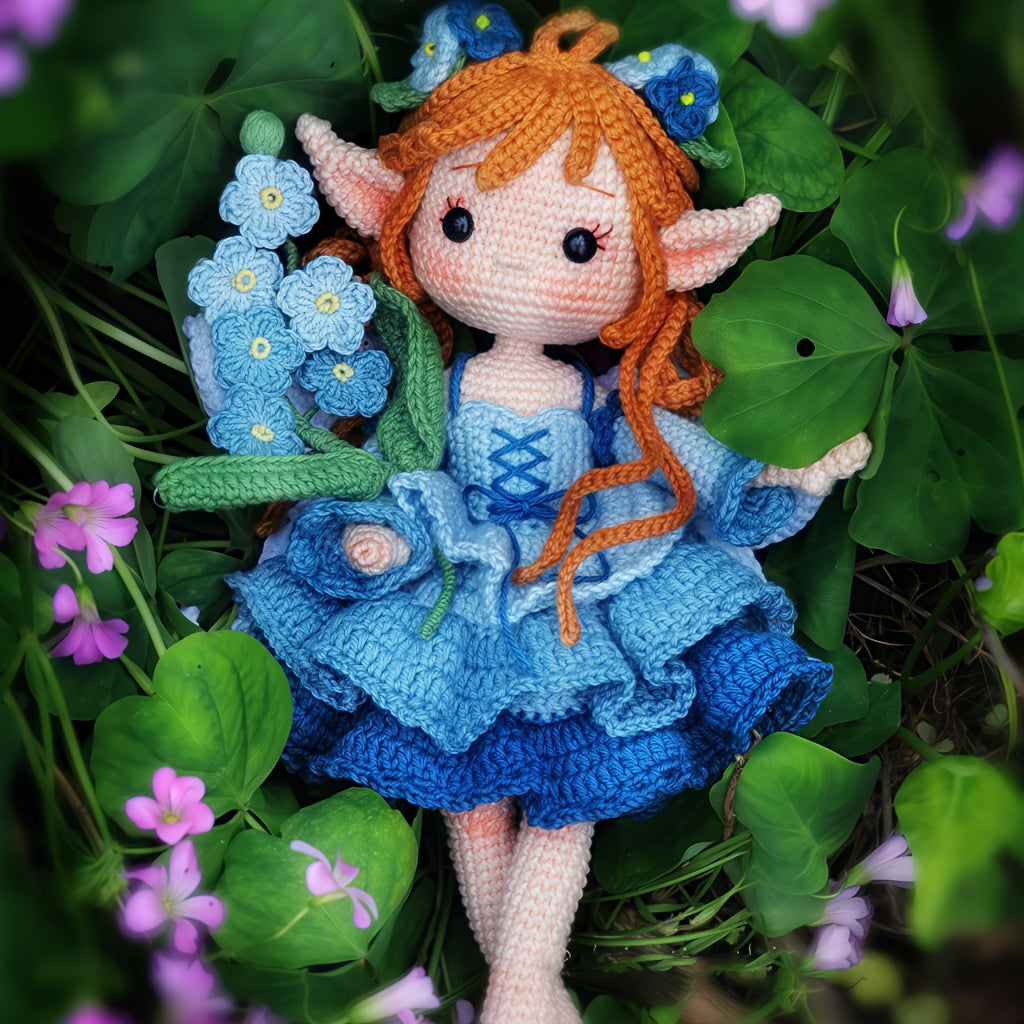 1pc/set, beginner's DIY crochet set, fairy girl holding blue flowers, DIY crochet materials include yarn and hooks, complete DIY handicraft set with crochet teaching steps, perfect for home decoration and gifts, suitable for experienced crochet enthusiast