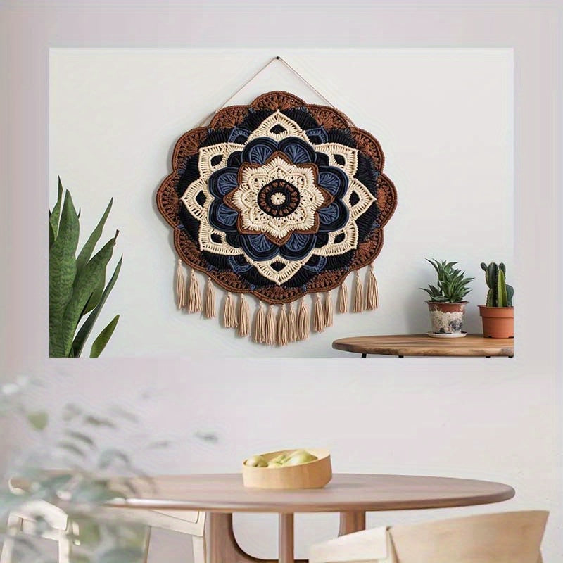 1Bohemian Mandala Wall Hanging Canvas - The Art of Complex Crochet,Designed with tassels,Plant Decoration Theme for Living Room and Outdoor Celebrations,Suitable for Party,2D Banner
