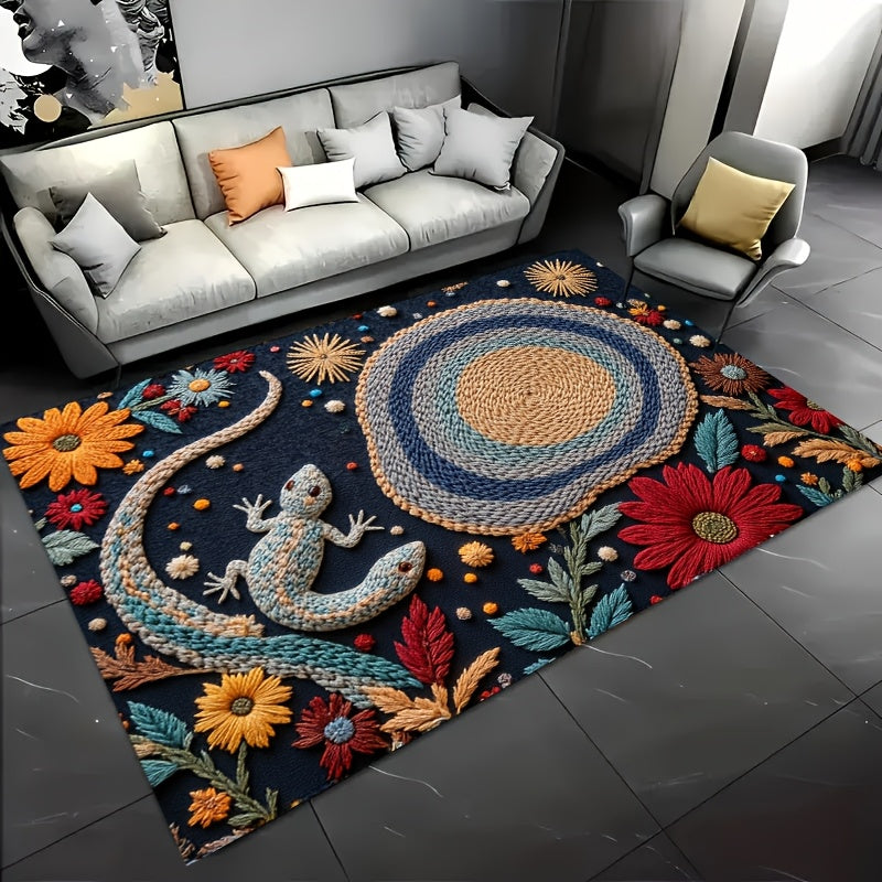 1pc Bohemian Crochet Lizard & Floral Design Velvet Carpet, 850g/m² + 6mm Thick, Polyester Backing, Natural & Stylish for Home Decor, Picnics, Desk, Camping, Room Decoration, Picnic Mat | Floral Pattern Mat | Durable Floor Ma