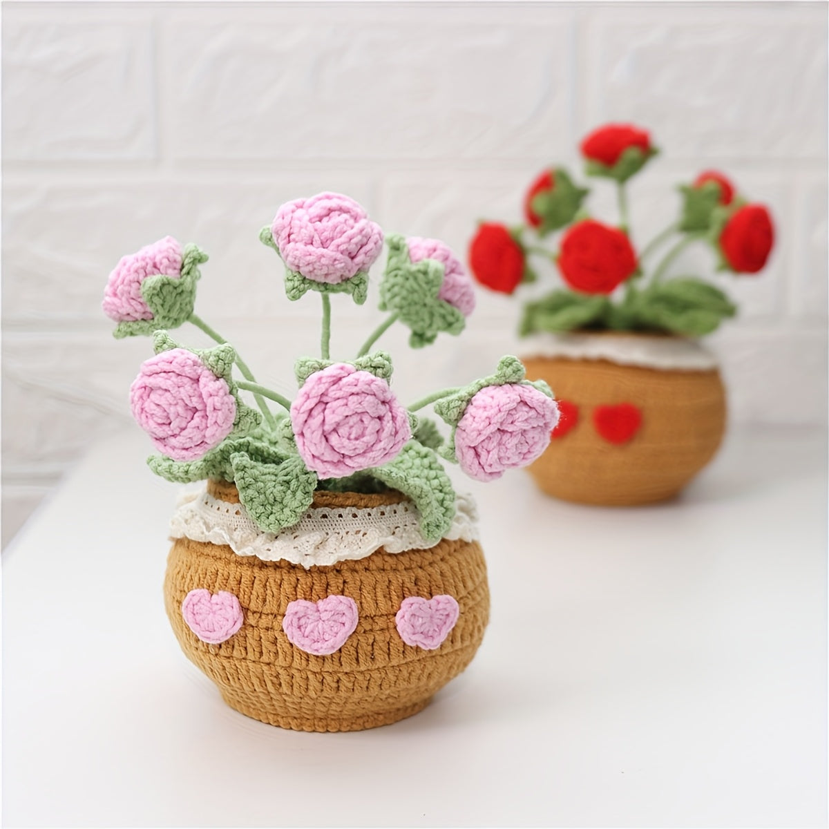 1Crochet Yarn Flower Pot Plant Car Ornament Eternal Flower Yarn Ornament Bonsai Gardening Handmade Crochet Lucky Tulip Yarn Potted Plant Artificial Living Room Decoration Father's Day Mother's Day Graduation Season Halloween Christmas Decoration Artificia
