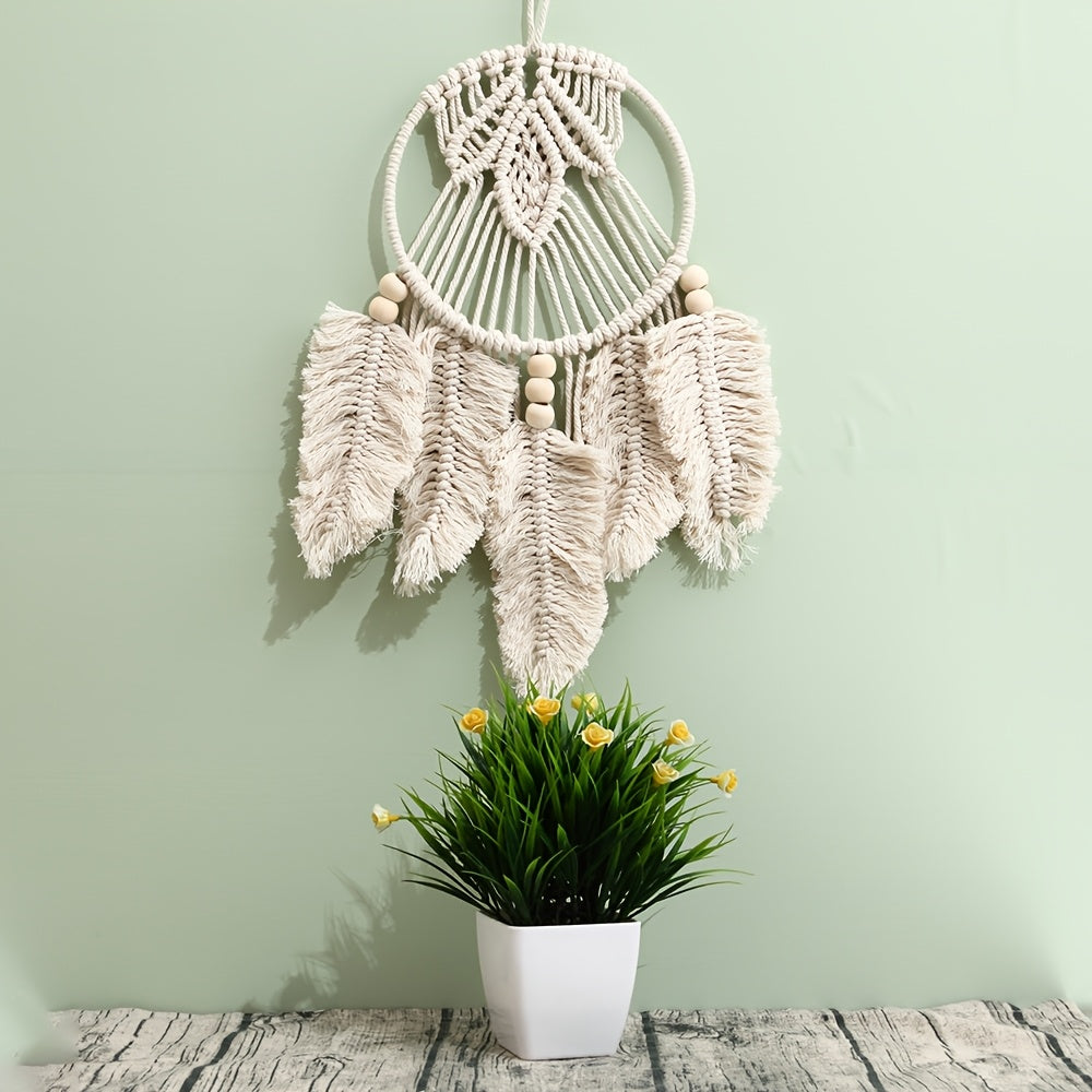Bohemian Style Rope Wall Hanging Nordic Style Handwoven Hanging Decoration Cotton Rope+Wooden Bead Decorative Hanging Suitable for Bedroom Living Room Hallway Wall