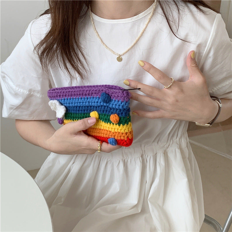Handwoven Rainbow Coin Purse,Stylish Lightweight Knitted Cosmetic Bag and Phone Pouch,Sweet and Colorful Handmade Wallet Suitable for Women,Daily Use、An ideal choice for travel and party gifts