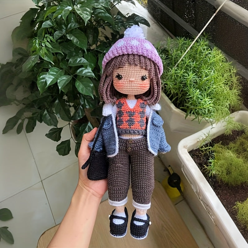 7pcs Crochet Kit for Beginners - Cool Girl in Denim Jacket, Cute Character Crochet Set with Step-by-Step Video Tutorial, Ideal for Backpack Charms, Home Decor, Mother'S Day & Valentine'S Gift, Wedding Display!