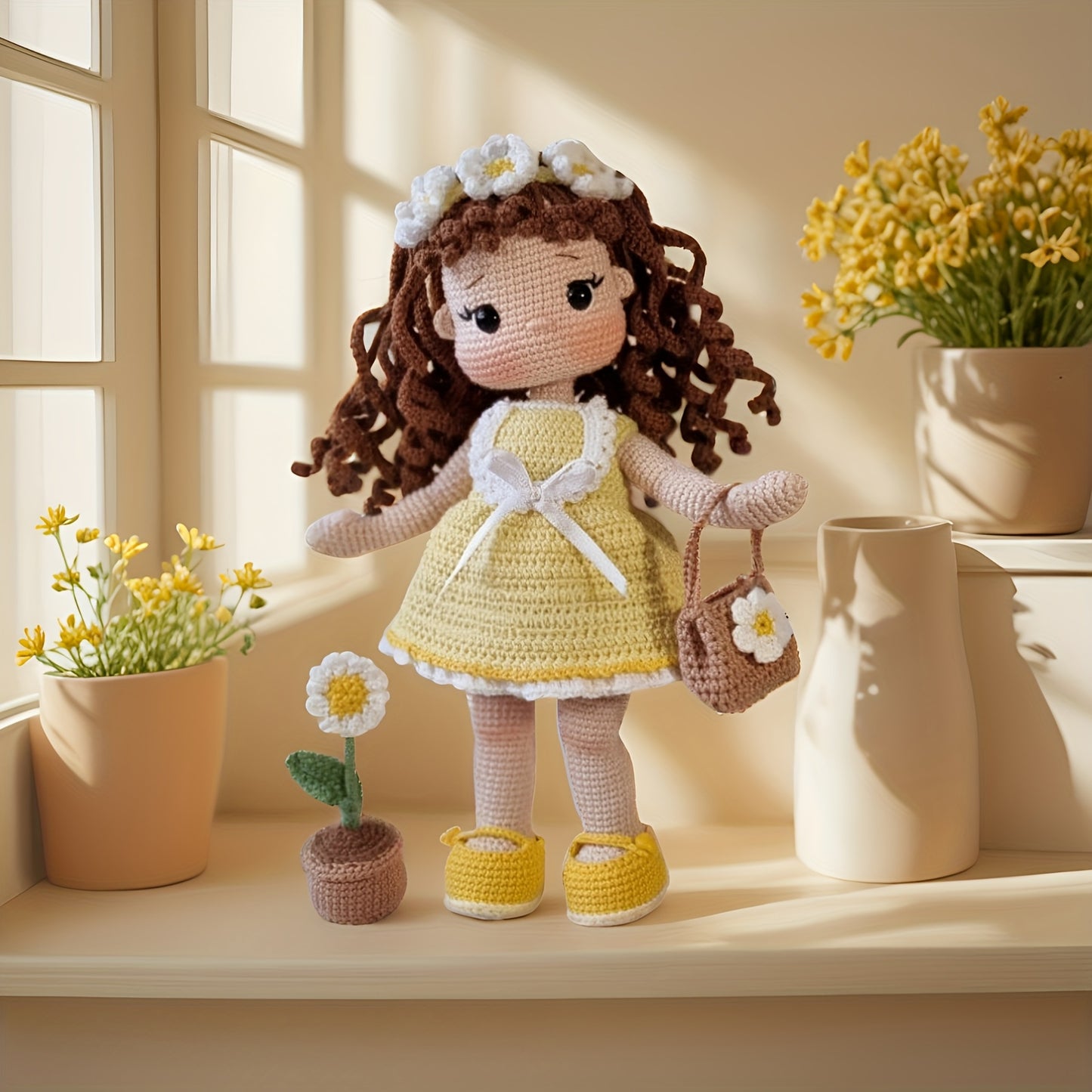 1pc/set, Amigurumi adult crochet DIY, hand-knitted yellow dress little flower princess, suitable for beginners, including everything needed for crochet, paper English basic knitting tutorial manual, exquisite gift packaging bag, healing character figure o