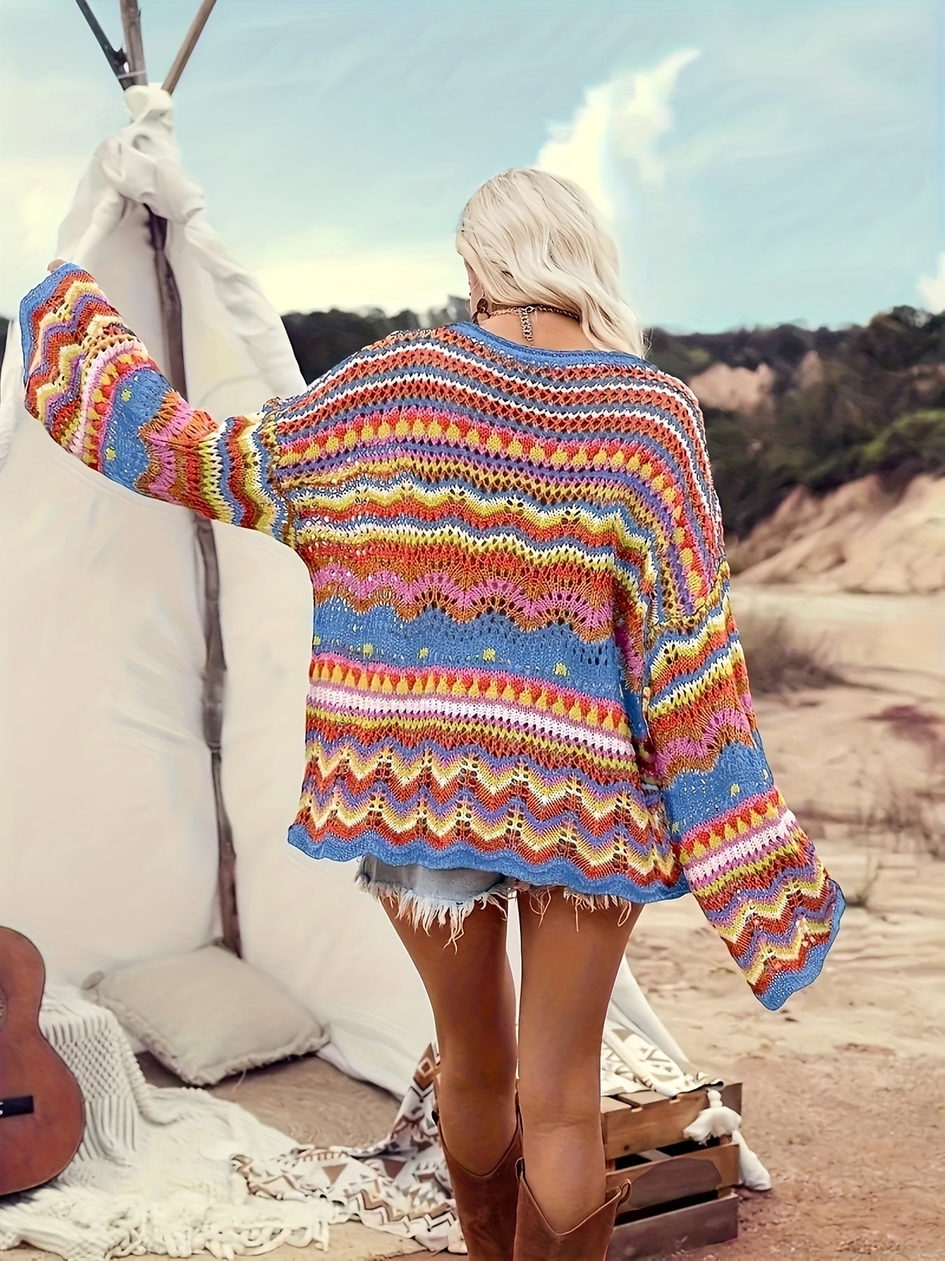 Plus-Size Women's Bohemian Color-Block Sweater - Semi-Sheer Drop Shoulder Crochet Top with Round Neck, Short Length & All-Season Casual Elegance, Crochet Sweater, Relaxed Fit Top, Vacation Style Clothing, Semisheer Fabric