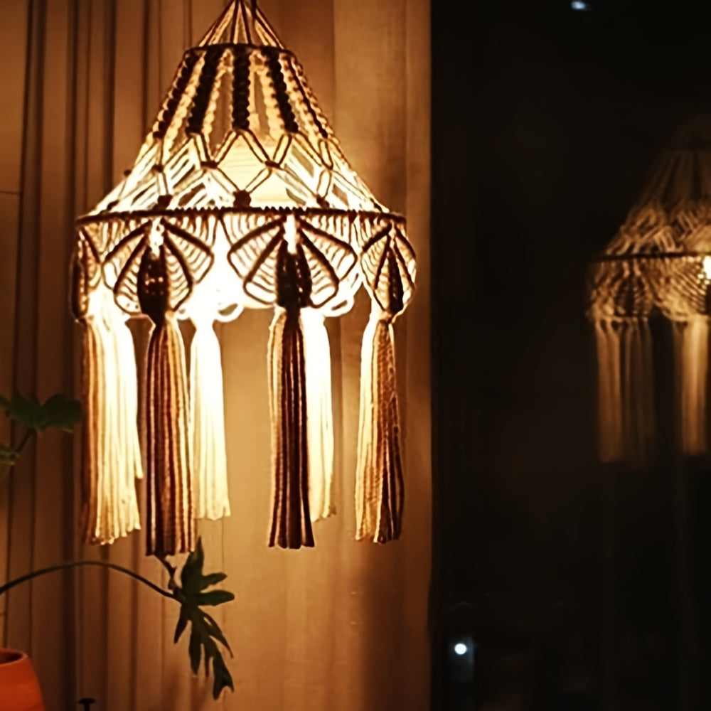 1Pieces Macrame Lampshade Bohemian Style Hanging Pendant Light Decorative Lampshade Hand Woven Pendant Light Decorative Tassel Lamp Shade - without Lights