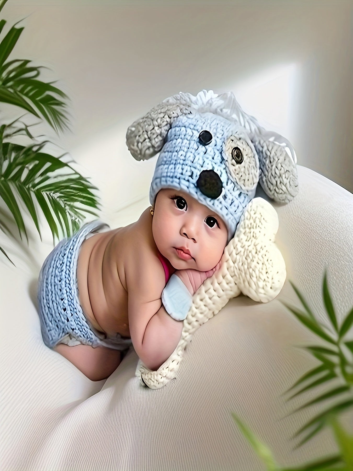 Cute Blue Dog Hat Costume,Suitable for Newborns - Soft Knitted Baby Photo Props,Short Sleeve,Loose,Suitable for All Seasons,Animal Theme Design,Baby Clothing