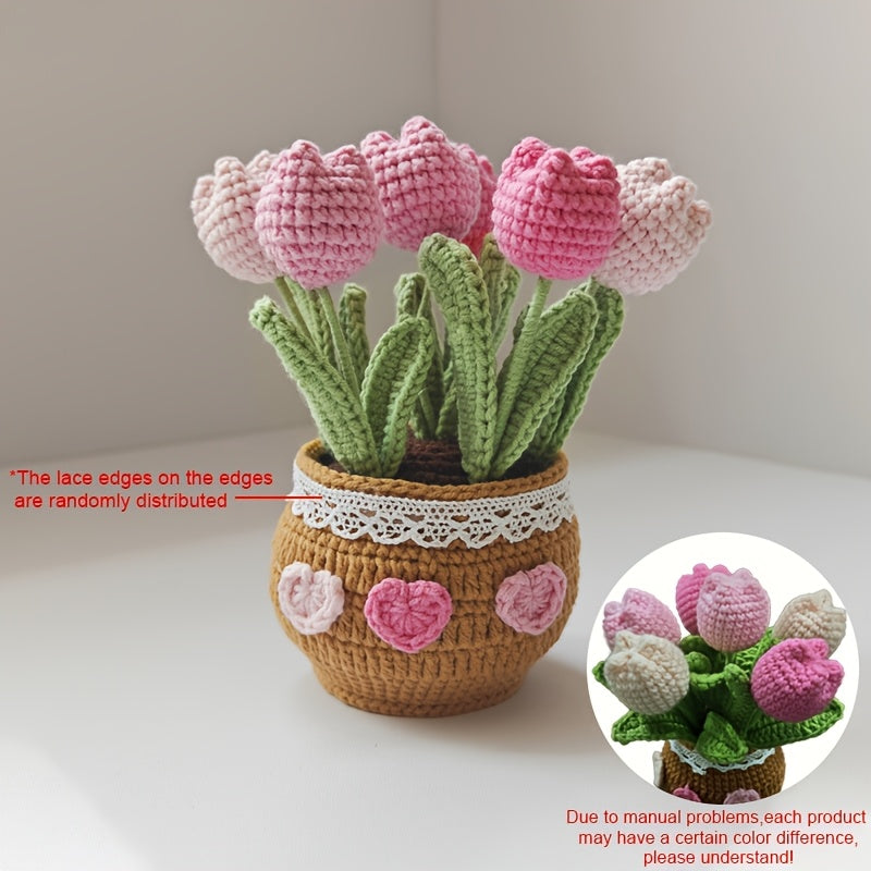 1Handmade Crochet Tulip Flower Pot Decoration for Car Dashboard,Eternal Fabric Floral Imitation Gemstone,Car Decoration,Home Gardening Lucky Twisting Line Potted Plants - Car Dashboard Hanging Decoration