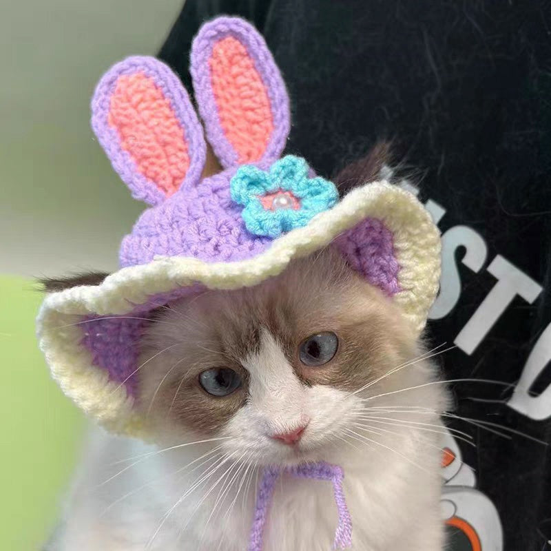 2Elegant Crochet Cat Hat with Bunny Ears,Ruffled edges and floral decorations - 100% Polyester Pet Clothing for Small to Medium Cats - Birthday、Holiday and Travel Photography Accessories - Comfortable Pet Clothing,Cute Bunny Theme,Comfortable Close-Fittin