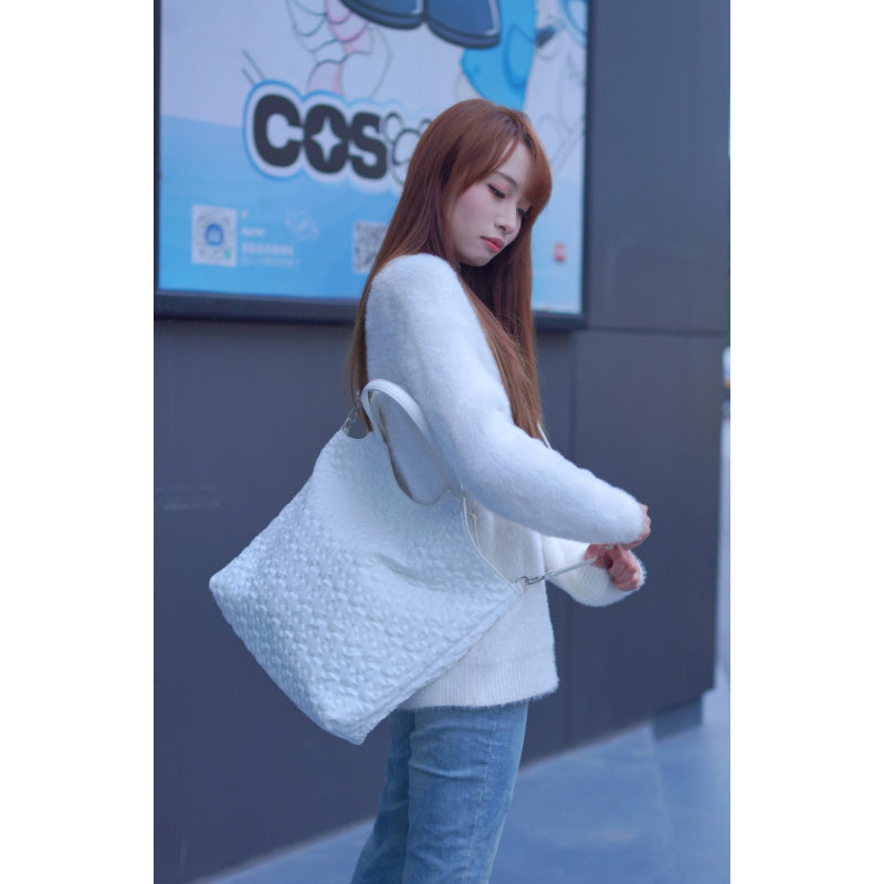 Two-tone Tote Bag2025New Large Capacity Casual Waterproof Tote Bag for Women in Cream White with Textured Pattern/Obsidian Black Coarse Flower Commuter Shopping Bag