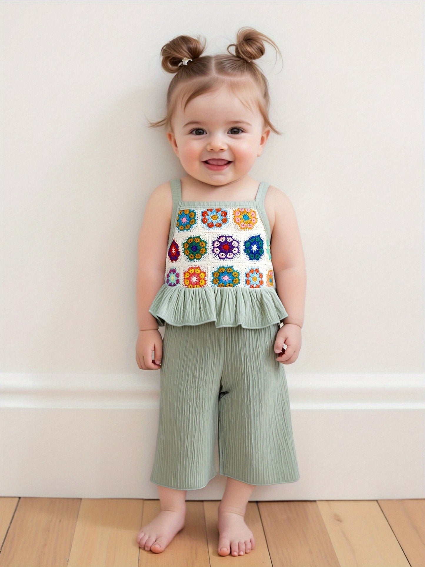 2pcs Boho Youngsters' Sleeveless Floral Crochet Knitted Ruffle Tank Cami Top & Wide Leg Pants Set - Elastic Waist, Linen Blend, Perfect for Summer Beach Outfits, Youngsters' Clothing | Floral Pattern Top | Crochet Knitted Fabric, Youngsters Clothes, for O