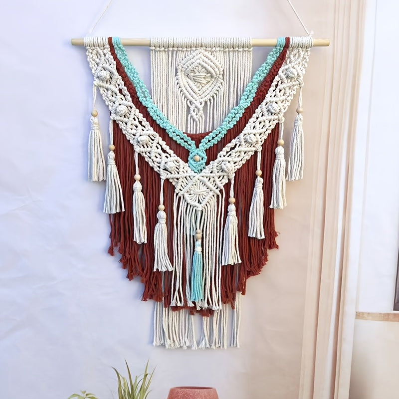Handmade Geometric Pattern Tapestry - Bright Orange-Green Tassel Decoration Paired with White Accents,bohemian Style Home Office and Living Room Art,No Electricity Required Indoor Wall Decoration,Unique Gift Ideas