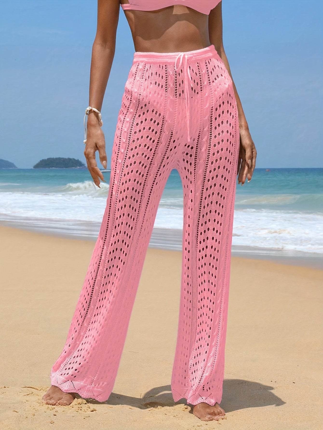 Women's Summer Beach Vacation Crochet Pants - Lightweight Semi-Sheer Loose-Fit Elastic Waist Straight-Leg with Breathable Cut-Out Design, Vibrant Pink Casual Long Pants for Adults, Beach Clothes, Summer Clothing, Airy Texture Apparel