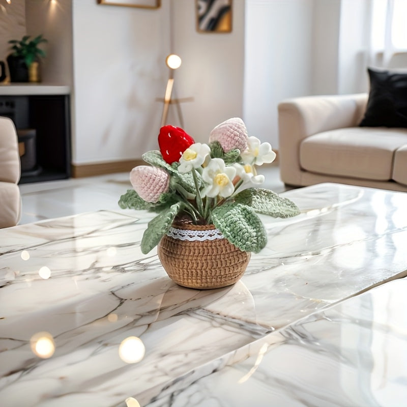1Handwoven Strawberry and White Flower Pot Plant - Eternal Fabric Flowers,Lucky Strawberry for Car and Home Decoration