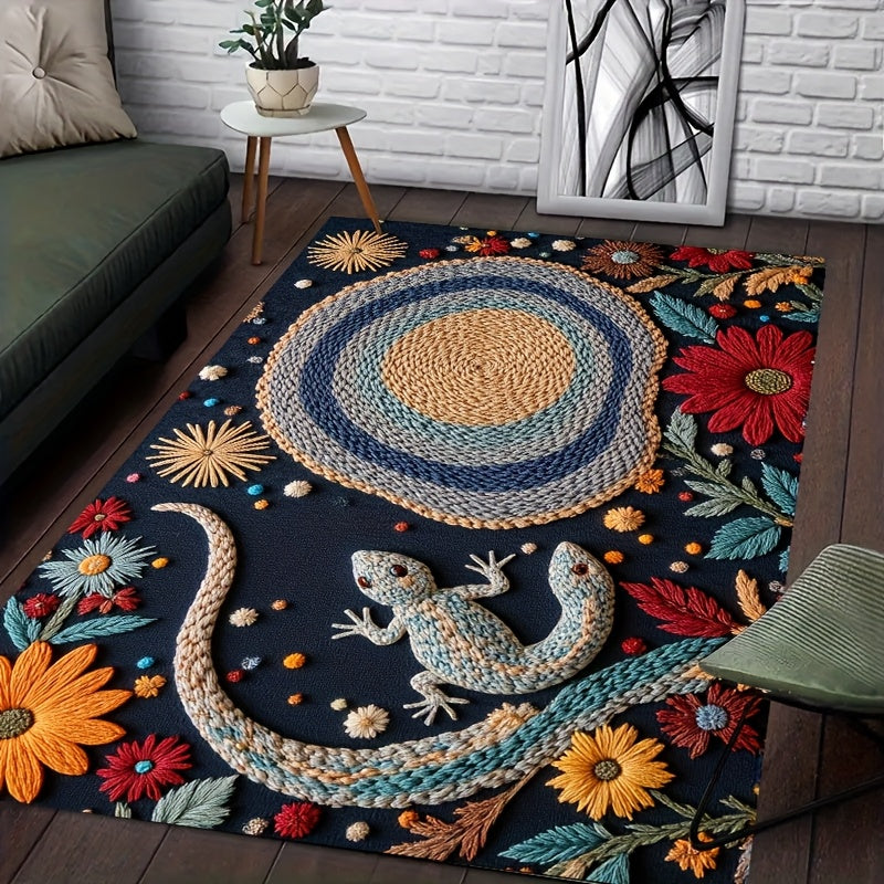 1pc Bohemian Crochet Lizard & Floral Design Velvet Carpet, 850g/m² + 6mm Thick, Polyester Backing, Natural & Stylish for Home Decor, Picnics, Desk, Camping, Room Decoration, Picnic Mat | Floral Pattern Mat | Durable Floor Ma