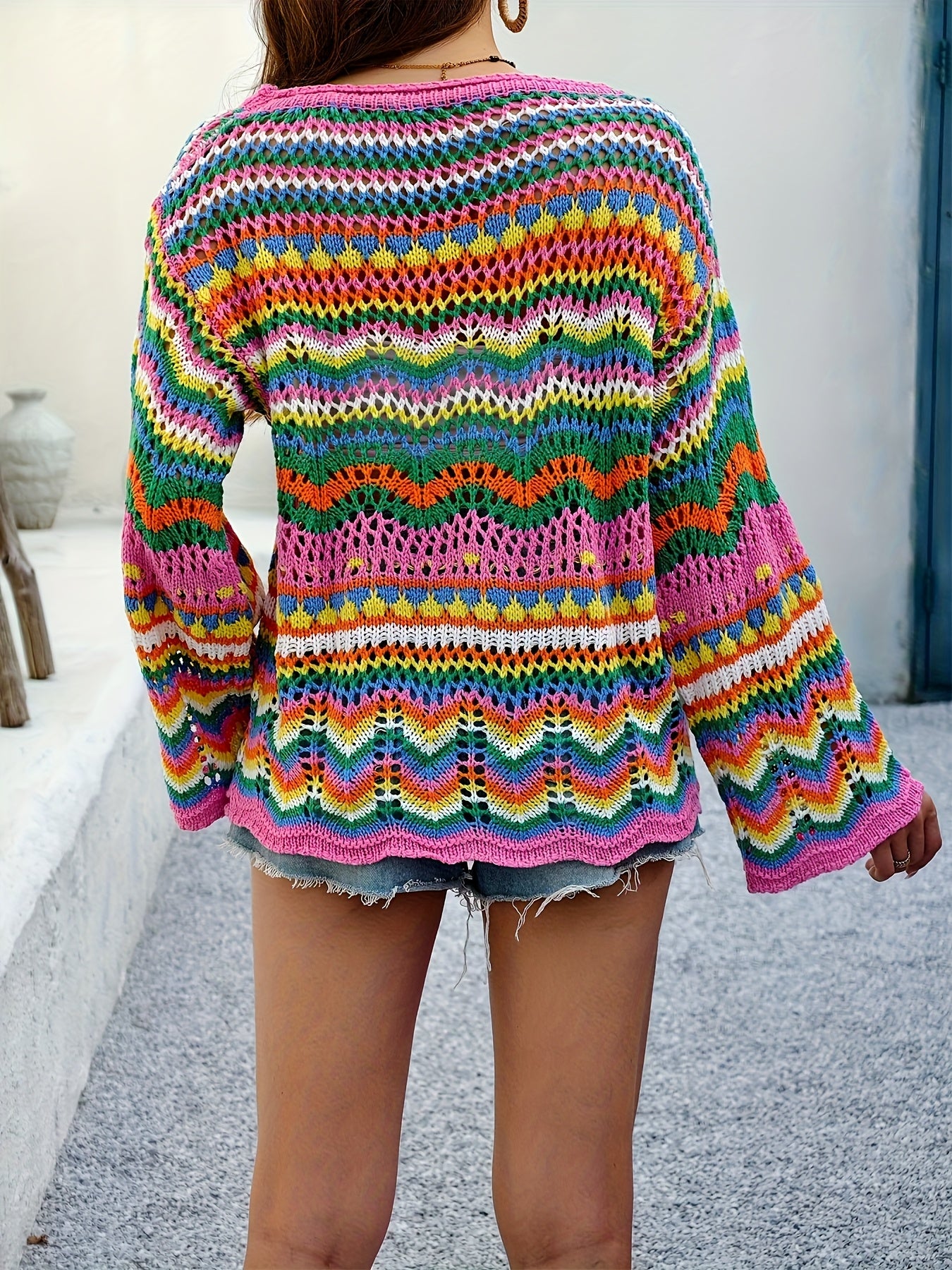 Women'S Colorful Geometric Sweater - Oversized Drop Shoulder Pullover with Intricate Pattern, Long Sleeve, Loose Fit for Spring/Summer/Fall, Casual Wear|Vibrant Knitwear|Hollow Detail Design