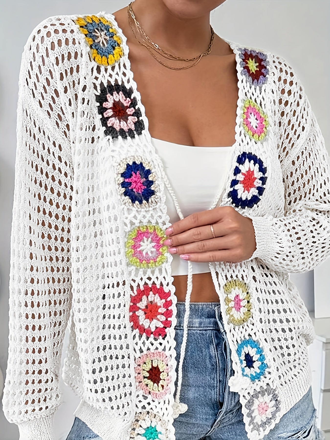 Women's Crochet Floral Cut-Out Long Sleeve Cardigan - White Open Front Knit with Colorful Flower Patterns, Perfect for Spring/Summer Vacations, Crochet Flowers, Springtime Attire, Intricate Craftsmanship
