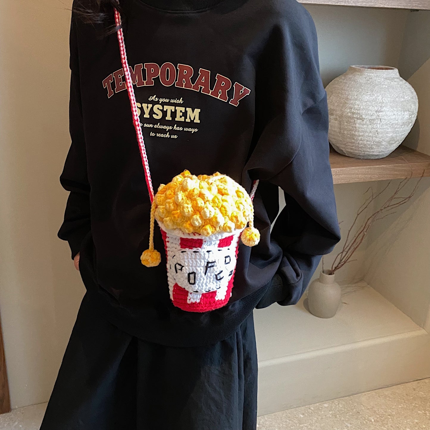 Fashion Popcorn Shape Crochet Woven Crossbody Phone Bag - Colorful Knit Shoulder Bag,Unlined