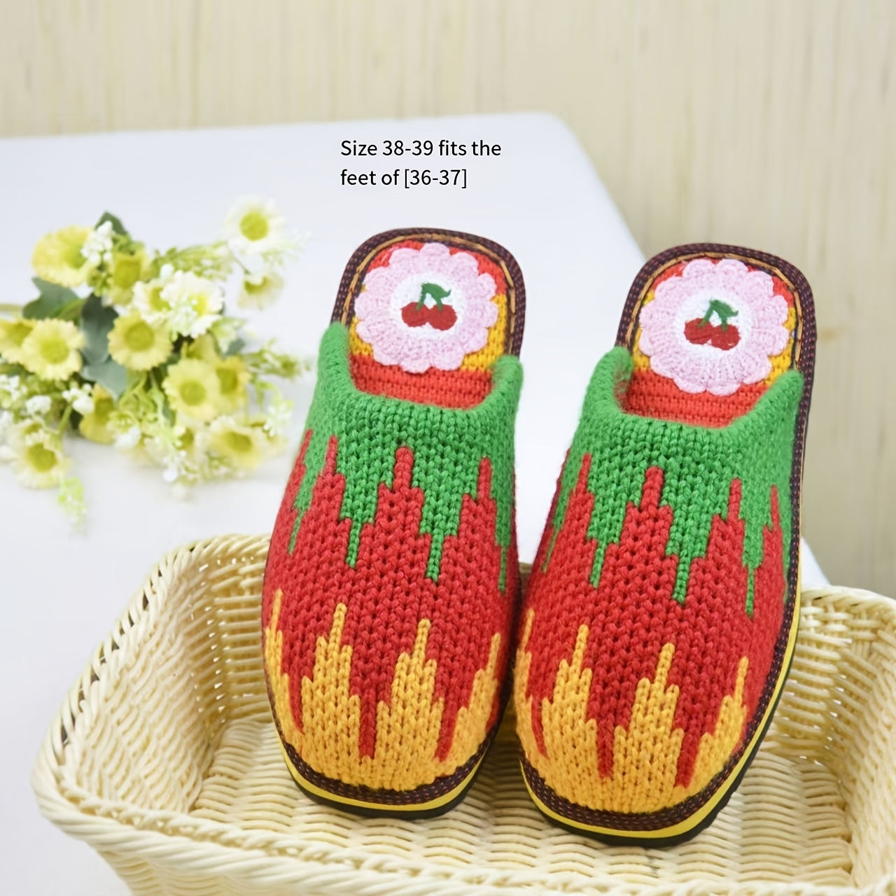 Handmade Crochet Slippers for Men and Women - Cozy Knit Home Shoes with Floral and Heart Designs, Artificial Silk Blend, Sky Blue/Pink, House Slippers