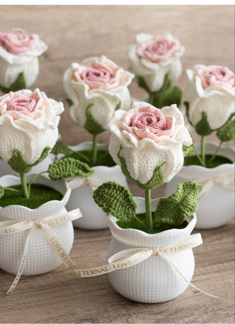 Finished Handmade Yarn Crochet Rose Artificial Flower Potted Plant Office Desk Potted Plant Knitted Flower Ornament