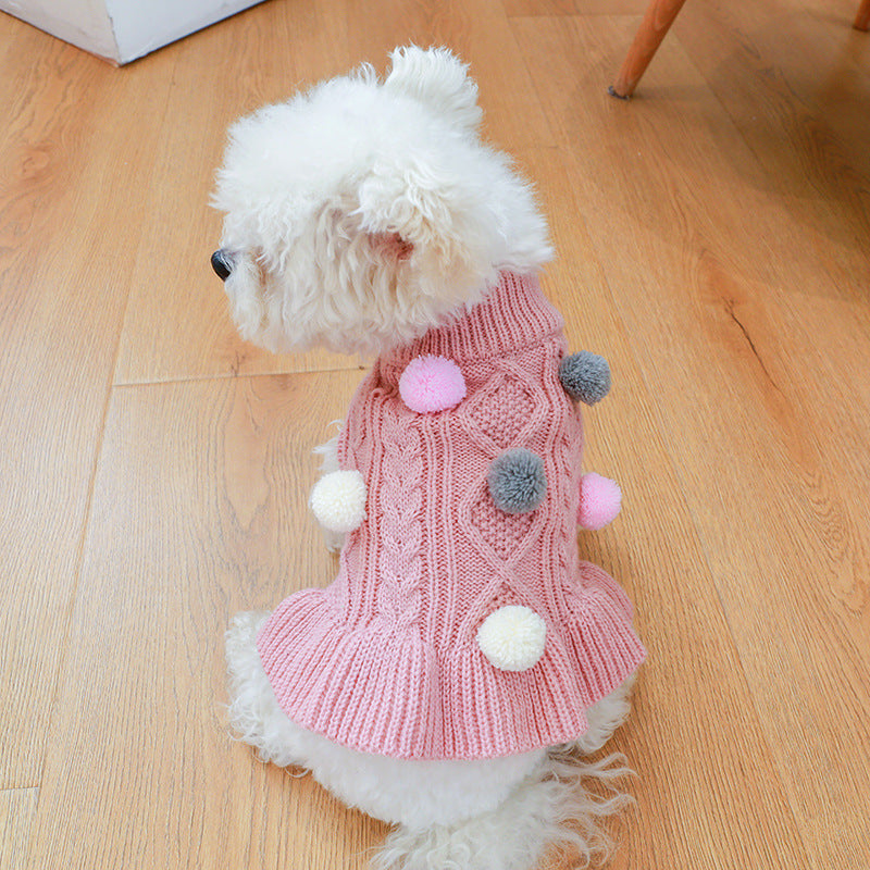 Puppy Pet Clothes Autumn Winter Knitted Warm Sweater Teddy Bichon Small Dog Pullover Yarn Dress-Pleated Wool Dress