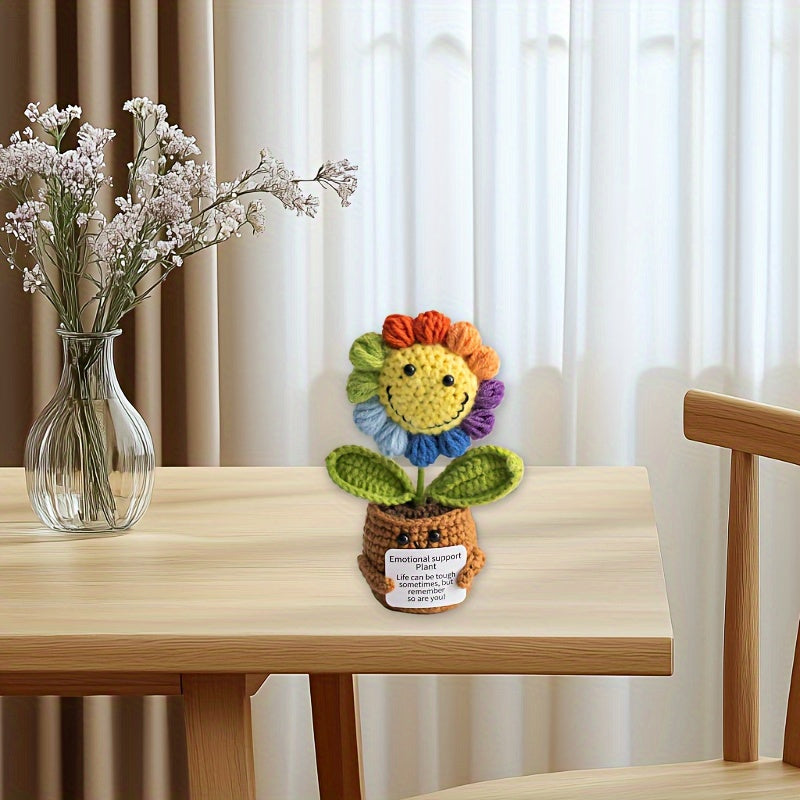Handmade Crochet Sunflower Potted Plant with Inspirational Quotes - Rainbow Smiley Face Artificial Flower,Home、Office or desktop decoration - Mother's Day、Perfect choice for Valentine's Day or graduation gifts