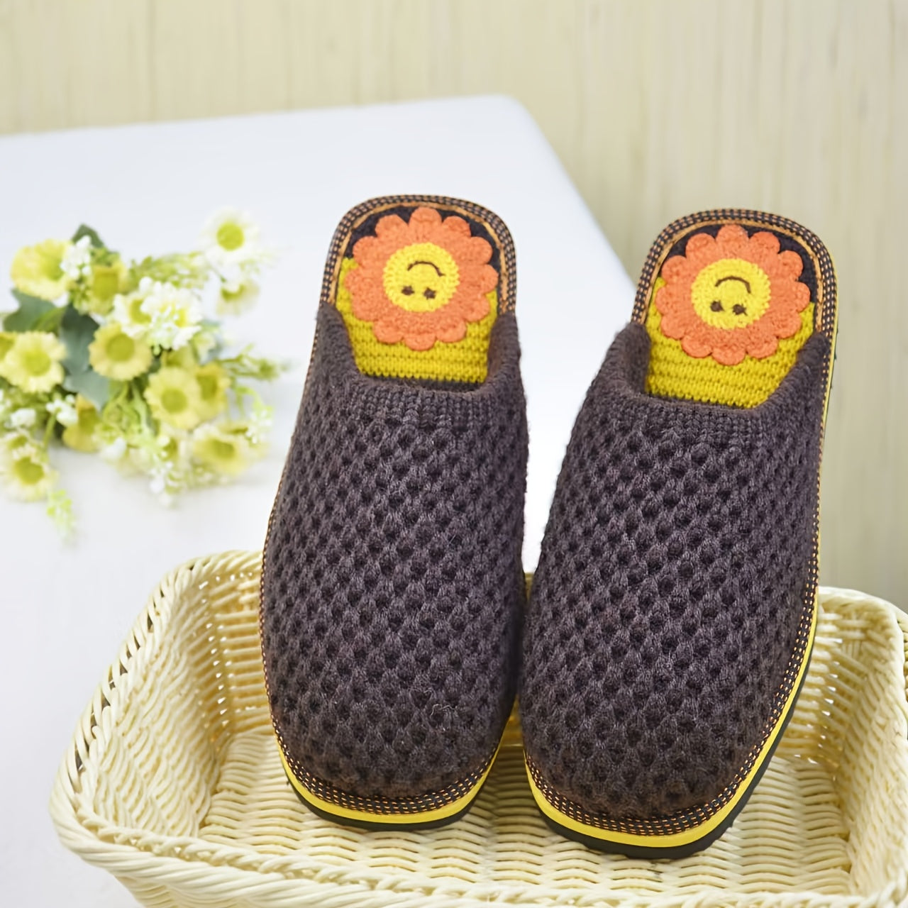 Handmade Crochet Slippers for Men and Women - Cozy Knit Home Shoes with Floral and Heart Designs, Artificial Silk Blend, Sky Blue/Pink, House Slippers