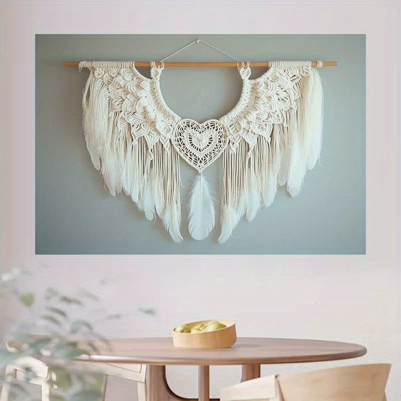 Bohemian Style Crochet Feather Heart Pendant - Polyester Texture Tapestry Wall Decoration,Suitable for Living Room、Bedroom and Party Decoration,No Electricity Needed Rustic Home Decor,Bohemian Style Handwoven,Retro Fashion,Exquisite Details,Feather embell