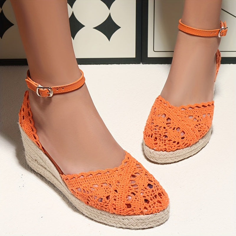 Elegant Women'S Fashionable Flat Sandals - Orange Crochet Design, Thick Sole, Ankle Strap with Buckle, Round Toe, Comfortable High-Heel Sandals for Summer, Casual Footwear | Crochet Sandals | Platform Sandals