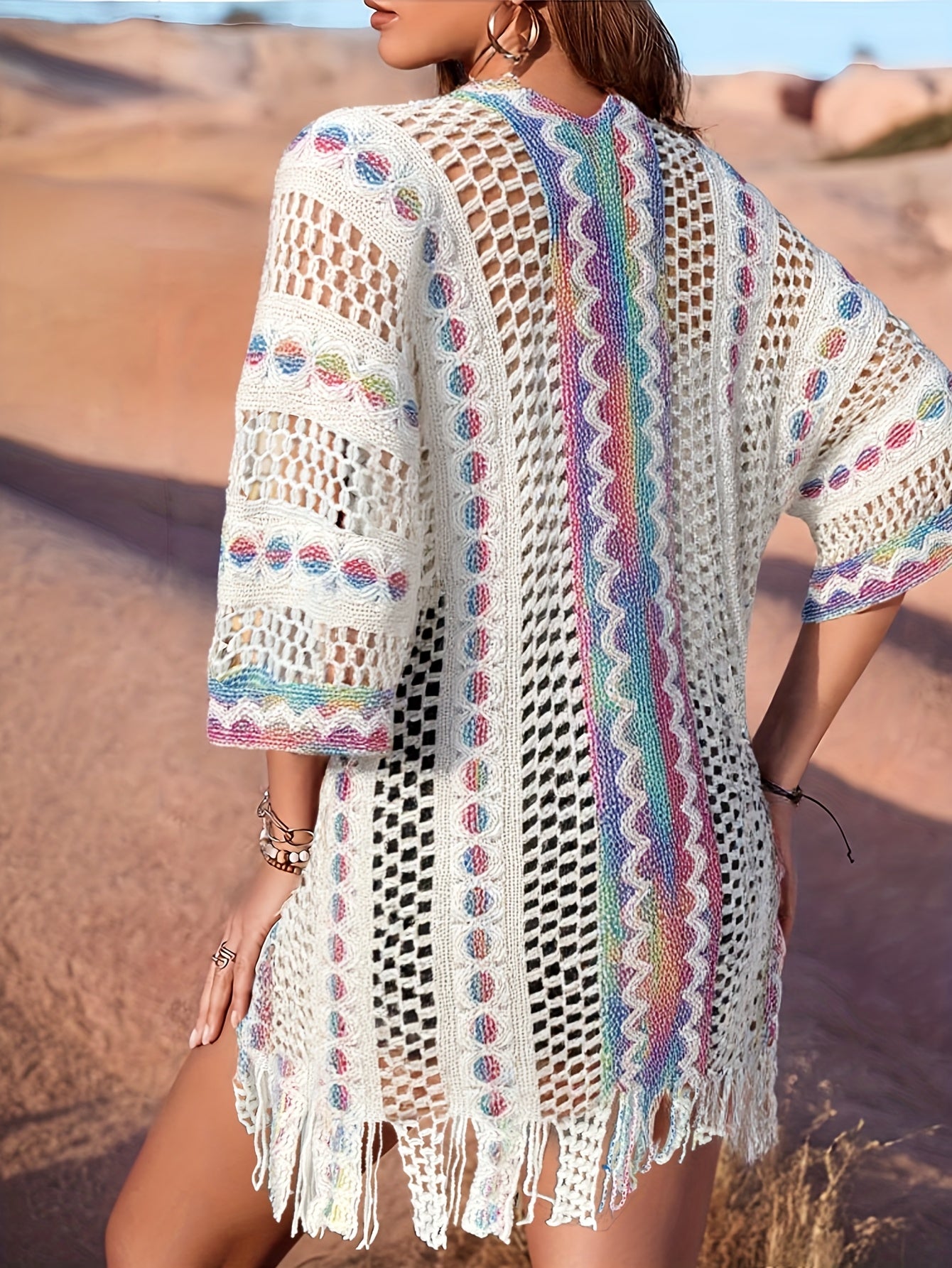 Women'S Elegant Crochet Hooded Cape - Soft, Stretchy, and Lightweight with Colorful Fringe Details, Perfect for Fall and Winter, White, Casual Style, Casual Winter Wear | Fringe Detail Cape | Crochet Texture