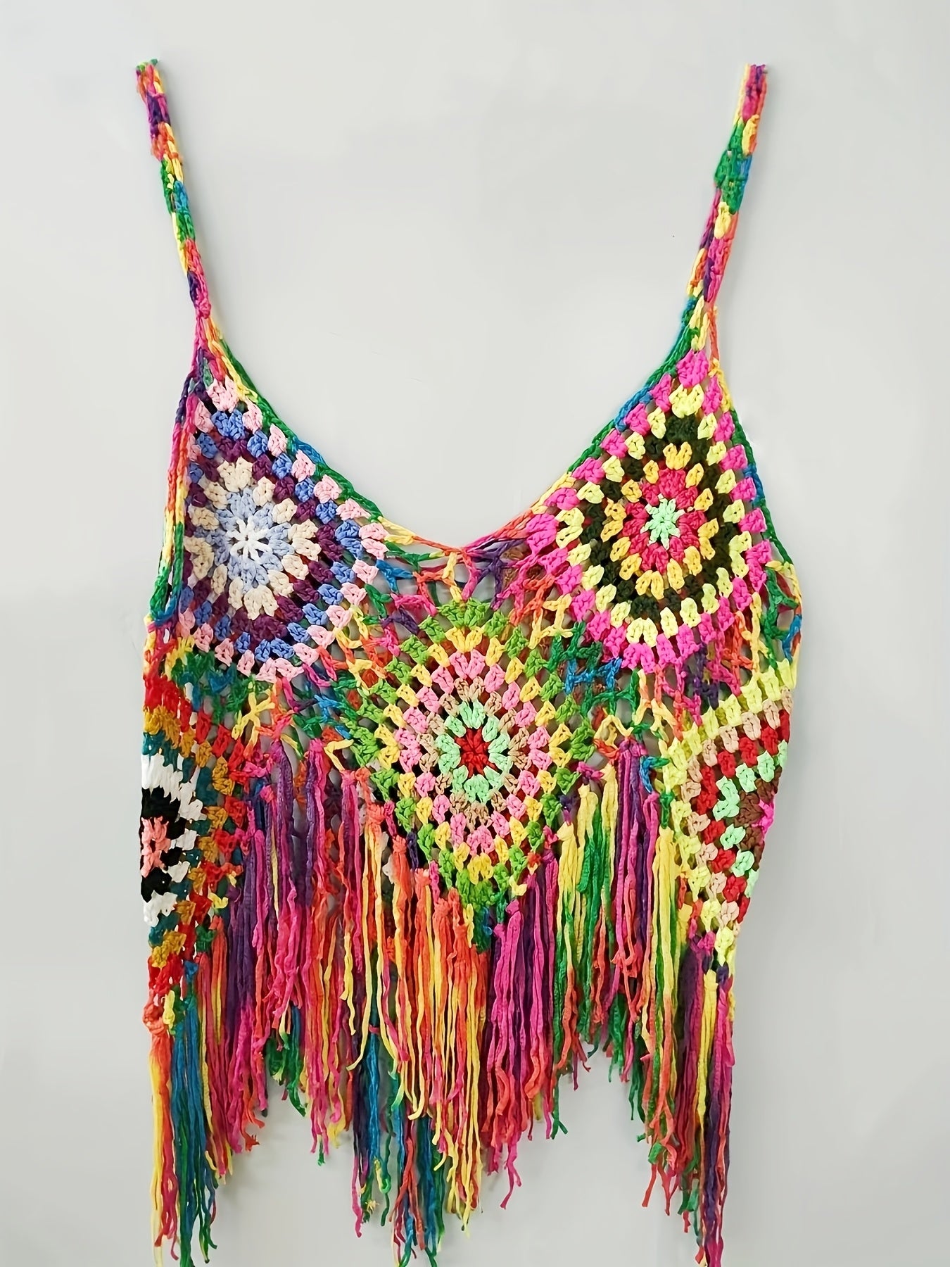 Bohemian Women's Camouflage Cutout Color-Block Crochet Lace Fringe Top