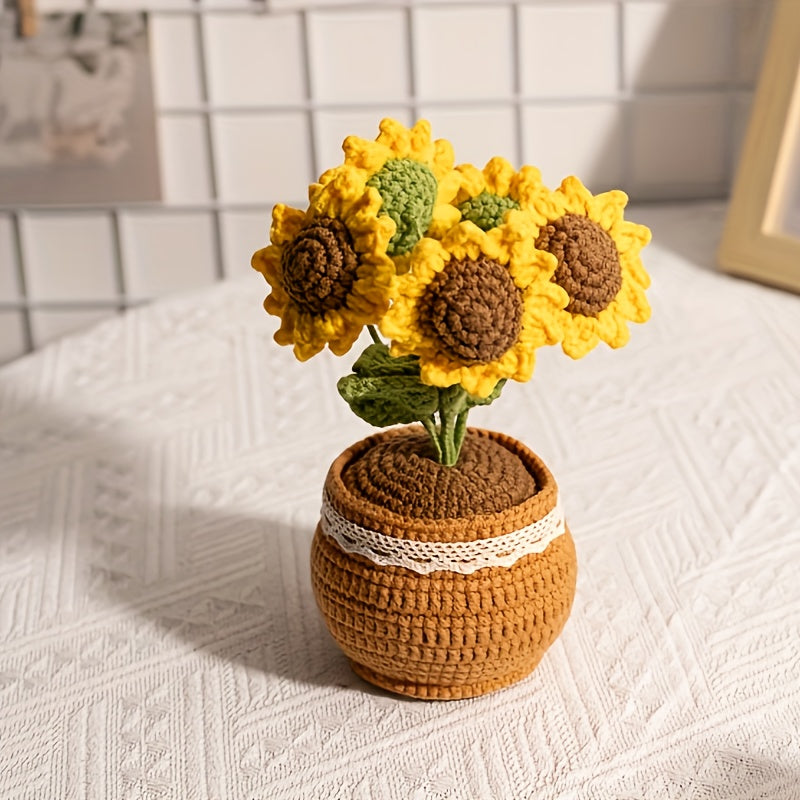 Room Decoration 1 Handmade Crochet Sunflower Potted Plant,Positive Vibration Polyester Fiber Desktop Decoration,Suitable for Living Room,Home Decoration,Christmas Decorations,Best Gift