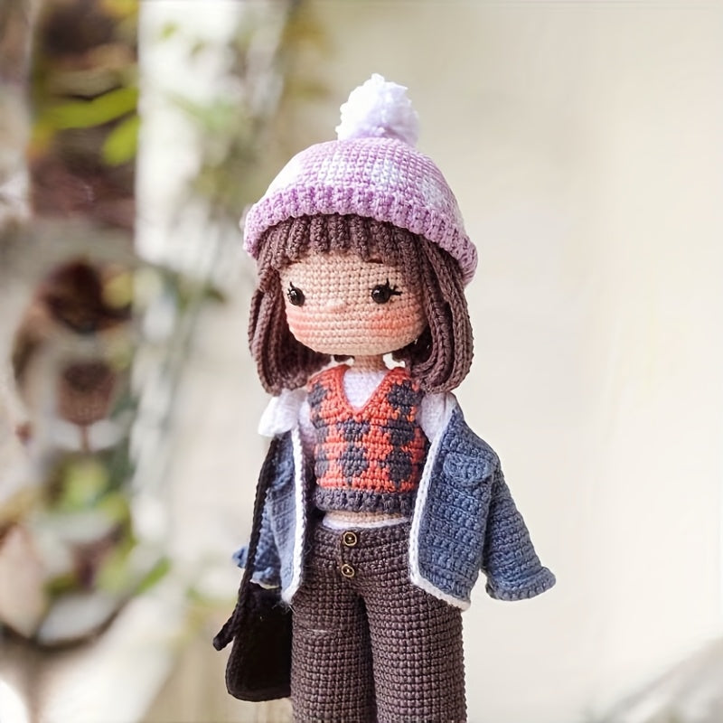 7pcs Crochet Kit for Beginners - Cool Girl in Denim Jacket, Cute Character Crochet Set with Step-by-Step Video Tutorial, Ideal for Backpack Charms, Home Decor, Mother'S Day & Valentine'S Gift, Wedding Display!