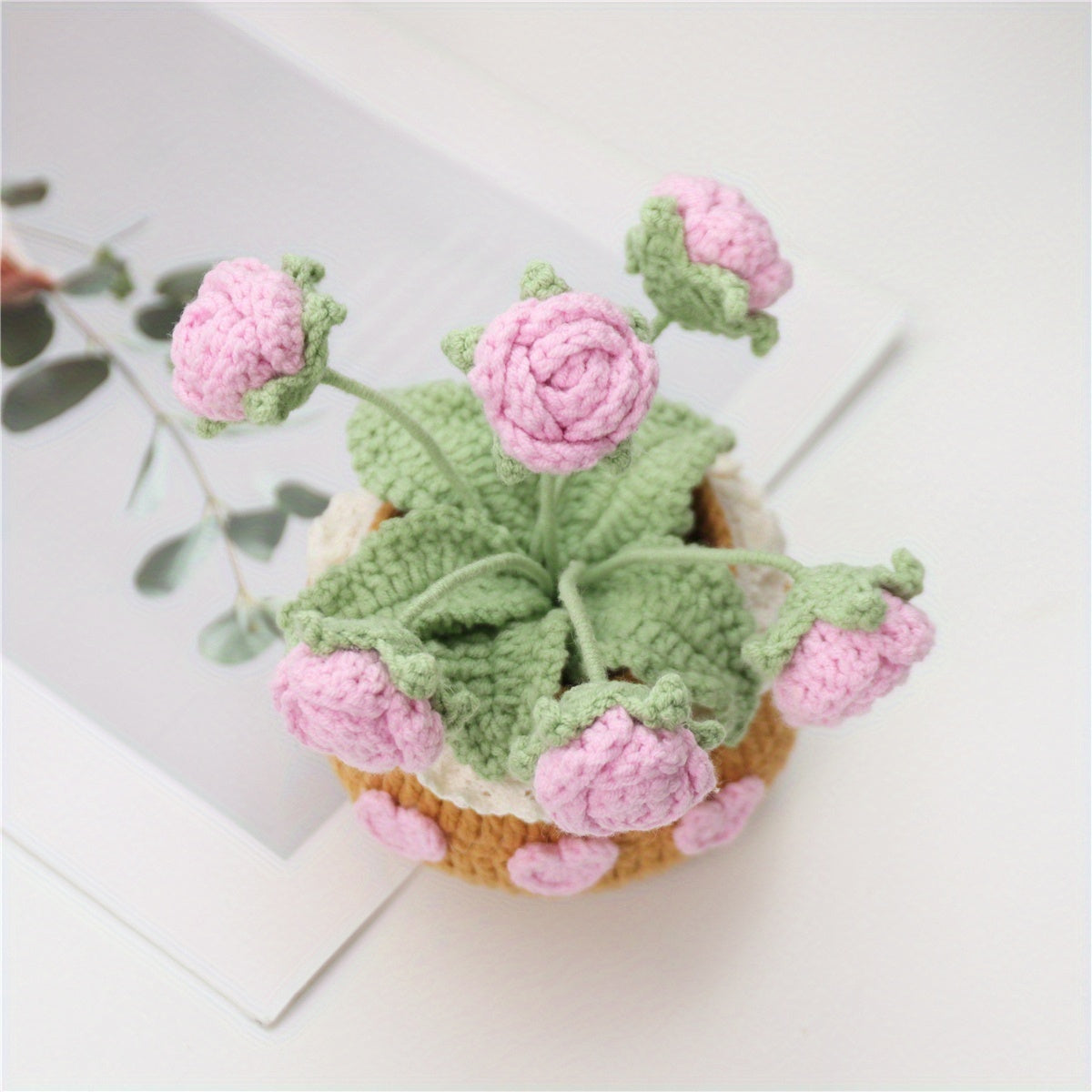 1Crochet Yarn Flower Pot Plant Car Ornament Eternal Flower Yarn Ornament Bonsai Gardening Handmade Crochet Lucky Tulip Yarn Potted Plant Artificial Living Room Decoration Father's Day Mother's Day Graduation Season Halloween Christmas Decoration Artificia
