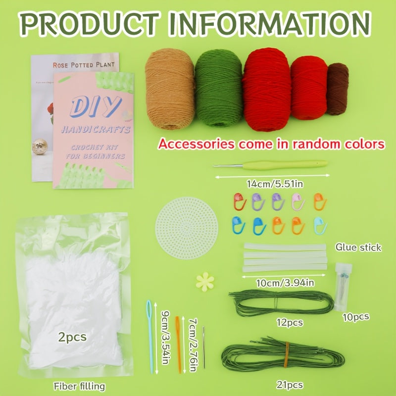 Complete Crochet Kit for Adults - Rose Flower Pot Design,Comes with step-by-step video tutorials,Crochet Knitting Kit for Beginners,Bright red roses and green leaves,Planted in a striped flower pot,Perfect for Home Decoration,DIY DIY Kits|Flower Crochet K