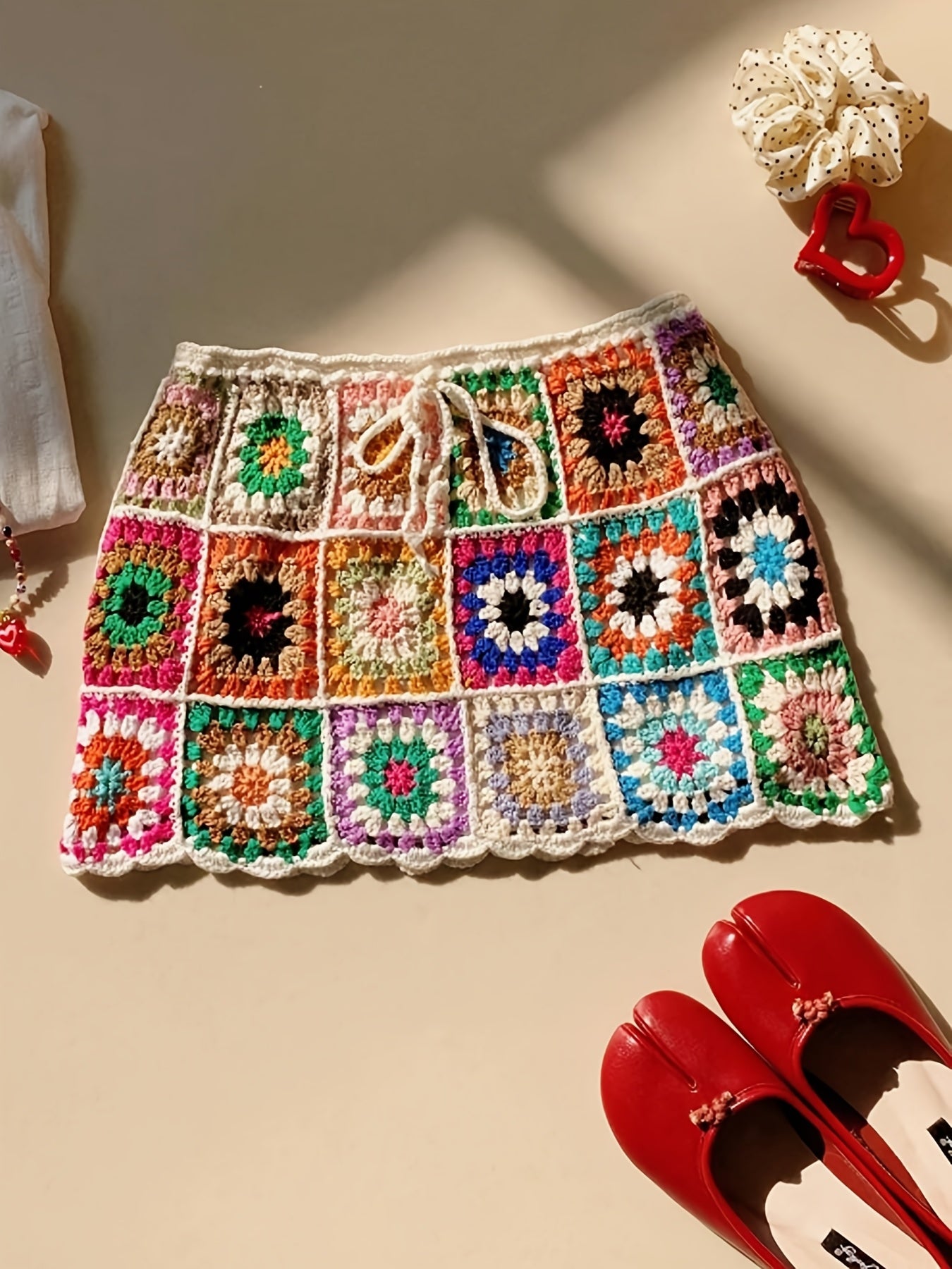 Women's Elegant Geometric Crochet Beach Skirt - High-Waisted Semi-Sheer Lace Lattice Design with Adjustable Drawstring Waist, Lightweight Summer Vacation Dress for Poolside & Casual Outings, Beach Dresses, Handcrafted Appearance
