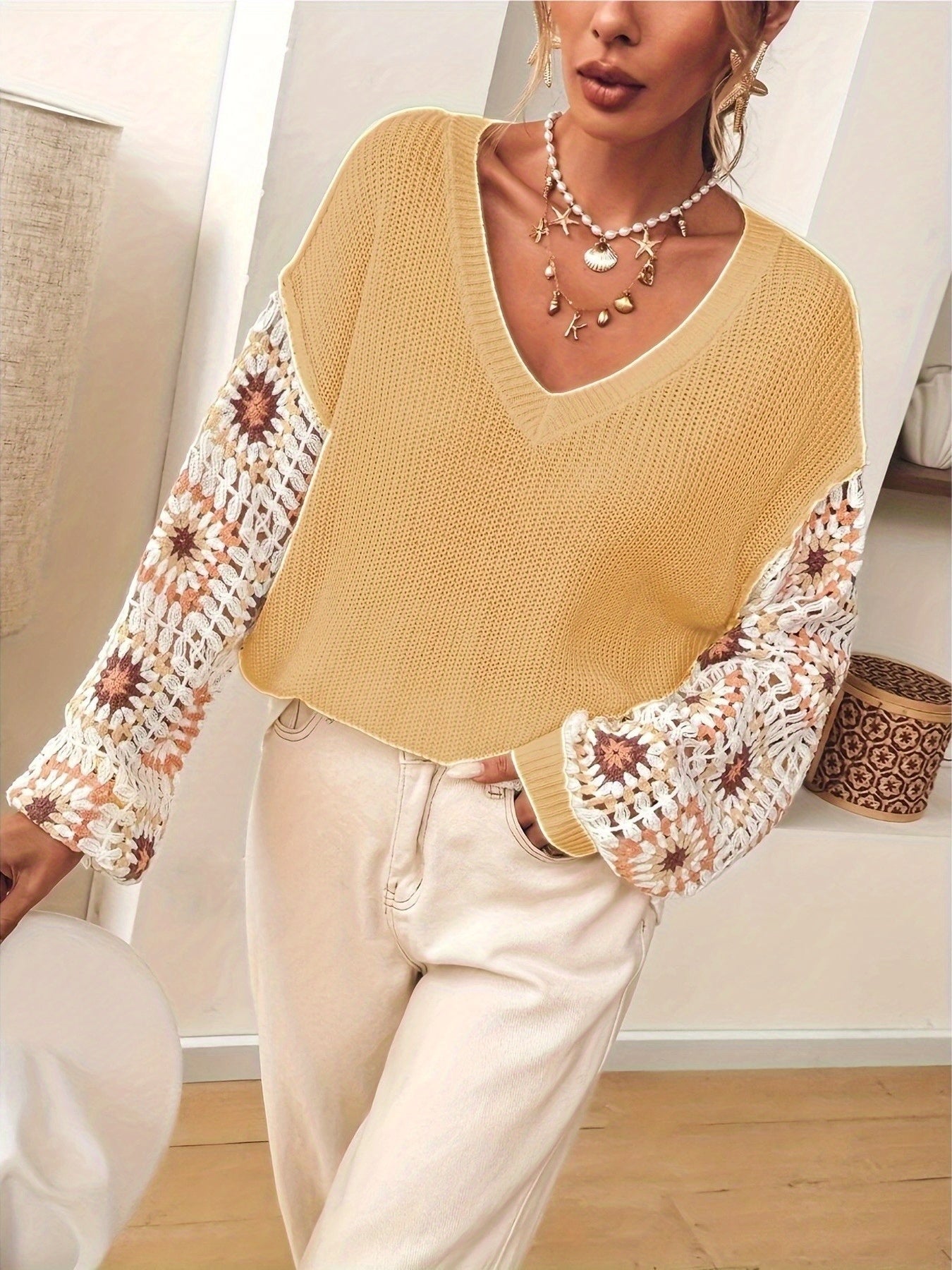 Women's Handmade Crochet V-Neck Sweater - Ethnic Floral Pattern, Openwork Design, All-Season Lightweight Pullover, Elegant Boho Chic Style for Casual & Formal Wear, Versatile Fashion | Intricate Craftsmanship, Crochet Clothes